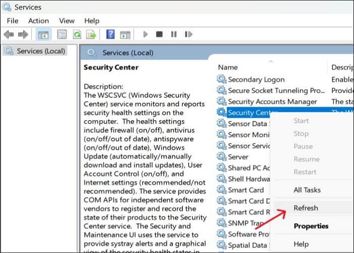 refresh Security Center Service