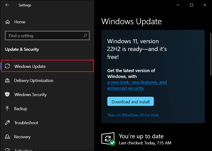 access windows update option