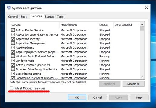 check hide all microsoft services