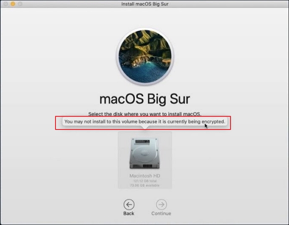 You may not install to this volume because it is currently being encrypted