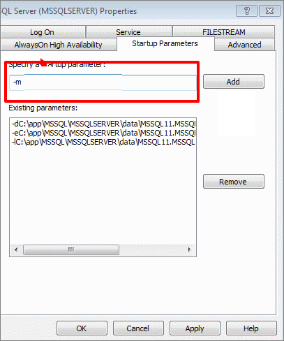 ms sql server specify a startup parameter