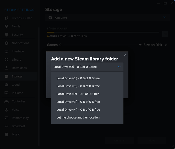 Add a Steam library folder to external hard drive