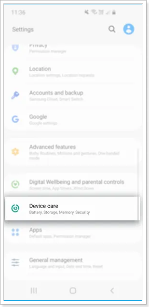 Open Android settings and select device care.