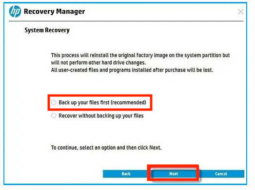 Selecting the "Back up your files first (recommended) option