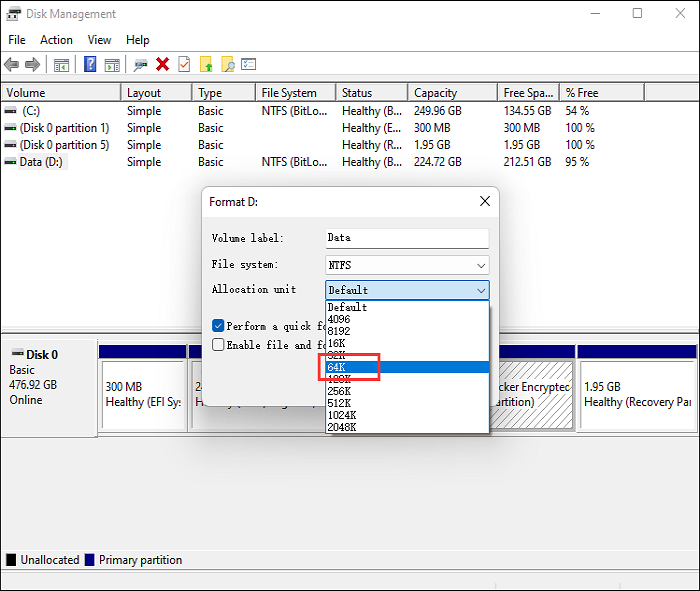 change cluster size disk management