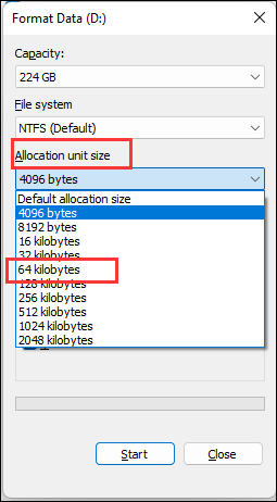 change cluster size file explorer