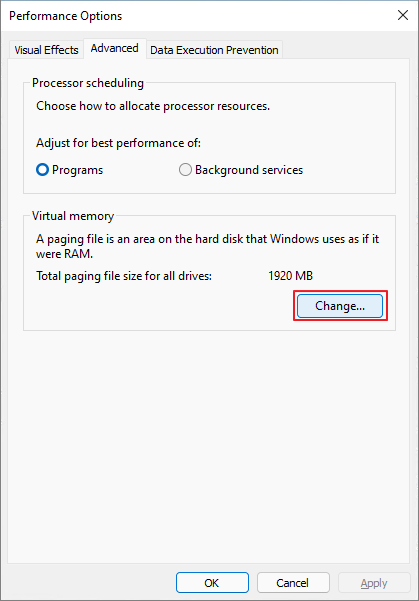 Change Performance Settings Windows