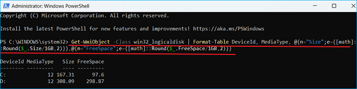 Check total allocatd space on hard drive via PowerShell