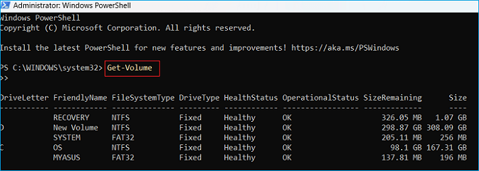 Use Get Volume command in PowerShell to check disk volume space