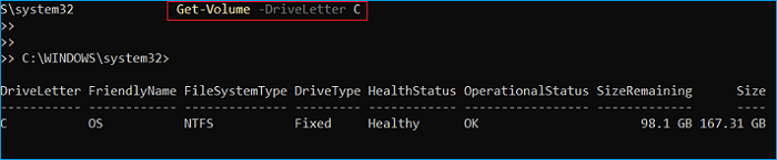 Change drive letter to get disk space of other disk partiton with PowerShell