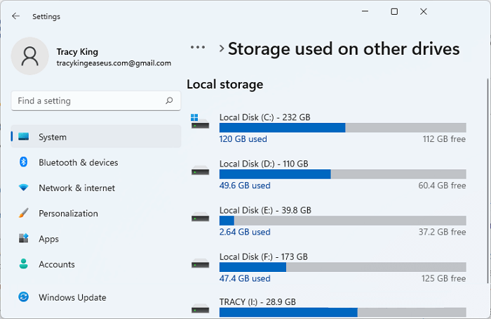 Check disk space via Storage settings