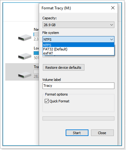 Choose your desired option to format your SD Card using File Explorer.