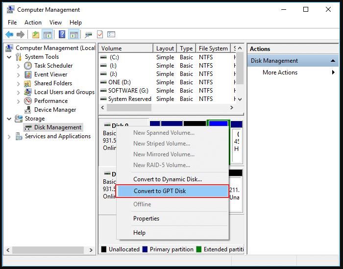 convert to gpt disk using disk management