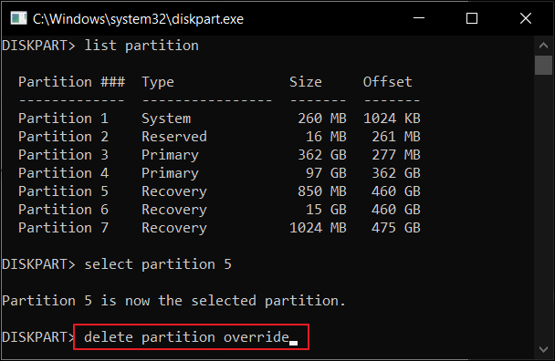 delete partition override