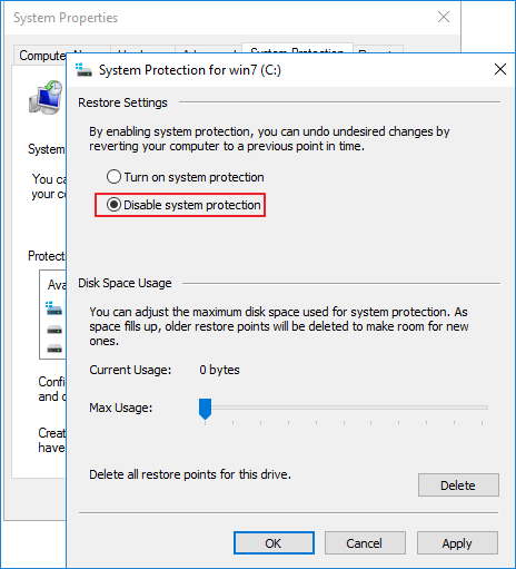 disable system protection