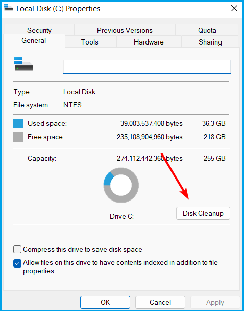 disk cleanup properties