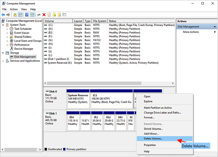 delete volume in disk management