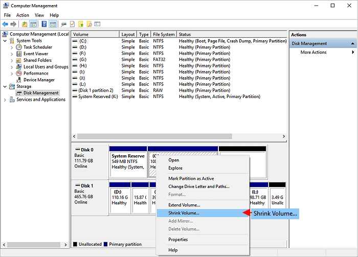 shrink volume by Disk Management