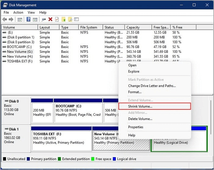 shrink via disk management