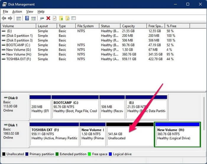 unallocated space