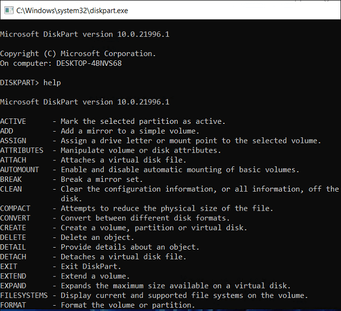 diskpart help command