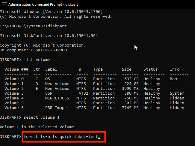 format ntfs quick label