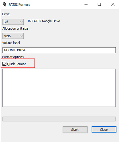 Tick quick format on USB drive