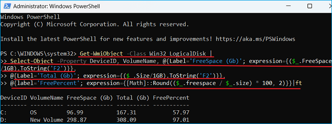 Get storage capacity assigned to each drive in Powershell