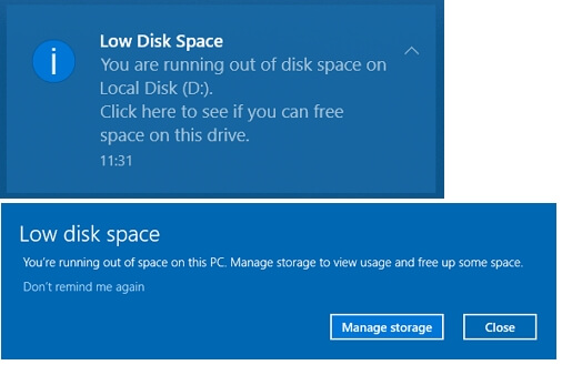 low disk space