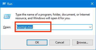 Entering "lusrmgr.msc" command in the run dialog box