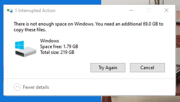 Not enough space error