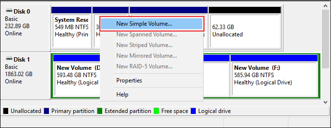 click new simple volume