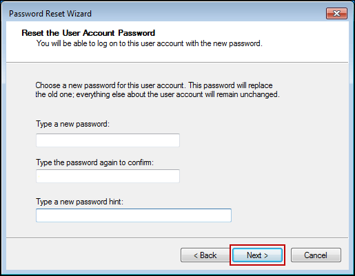 reset the user account password