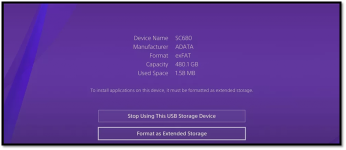 choose format as extended storage