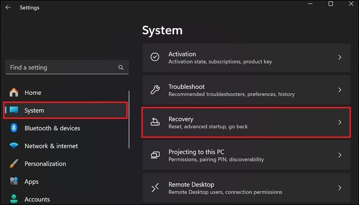 click recovery options