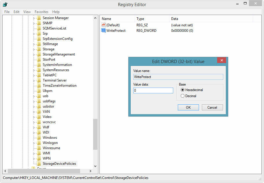 remove write protection via Registry Editor