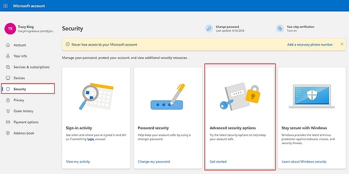 Open microsoft account security settings