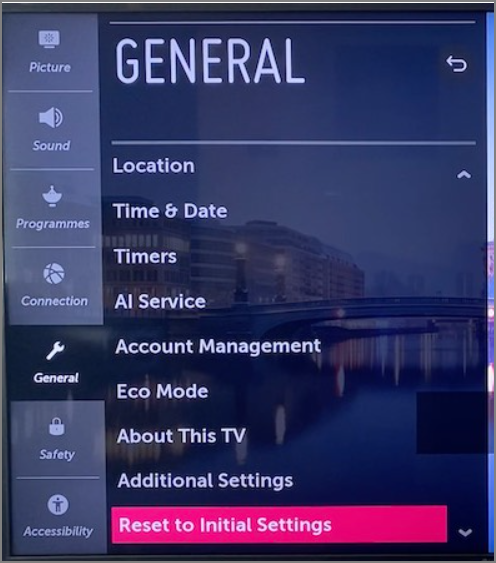 Reset to initial settings in LG TV