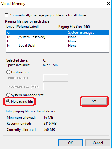 no paging file 