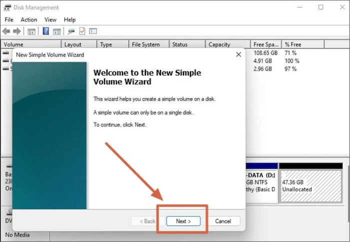 Open New Simple Volume Wizard