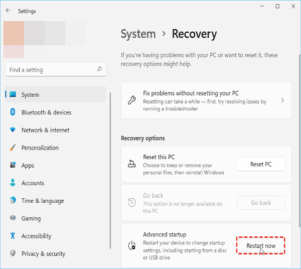 system recovery interface