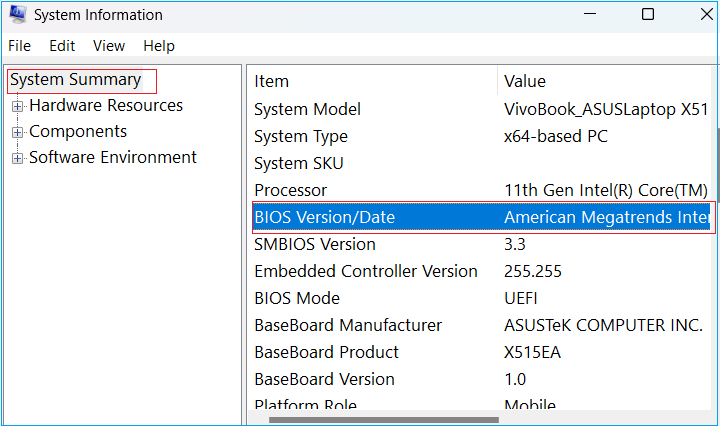 Find the current BIOS version summary of your Acer laptop.