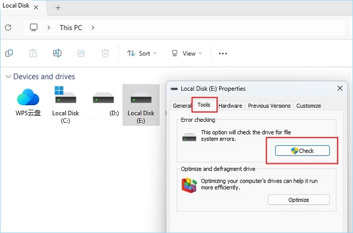 check disk in partition properties