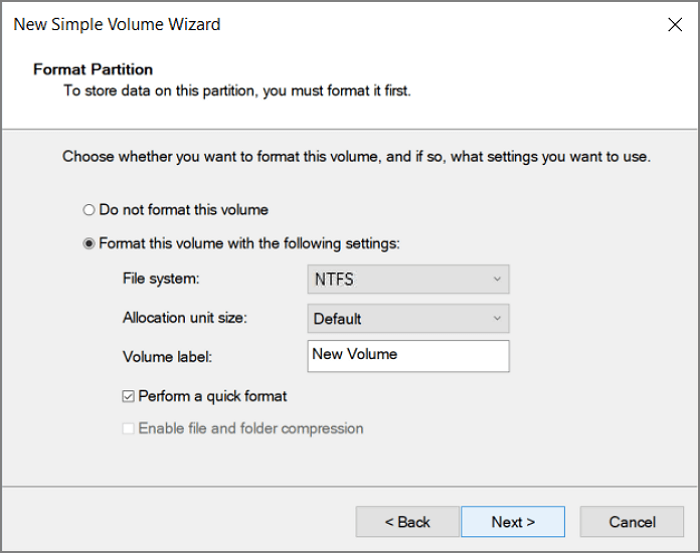 choose file system, allocation unit size, volume label