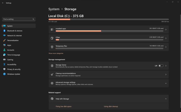 Windows settings system storage