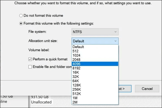 ntfs allocation unit size