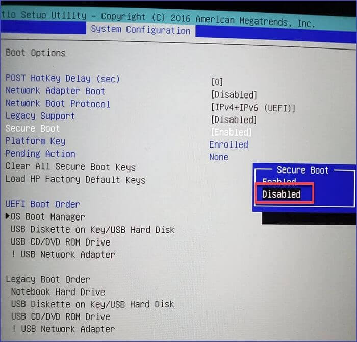 disable secure boot