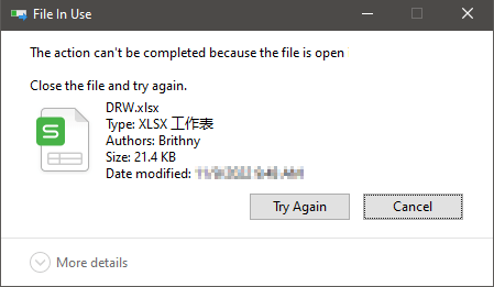 The action can't be completed because the file is open, file in use