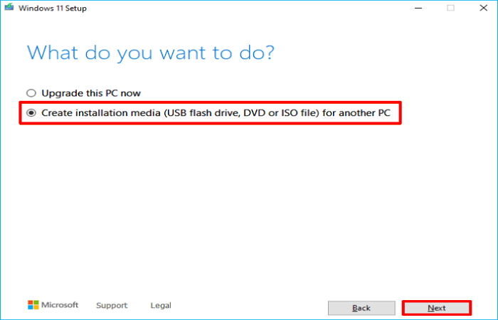 choose the Create installation media for another PC option