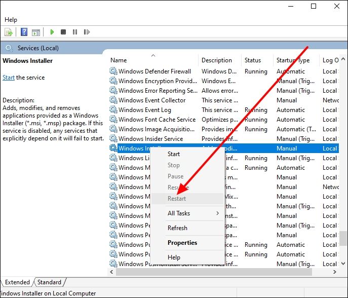 restart windows installer service